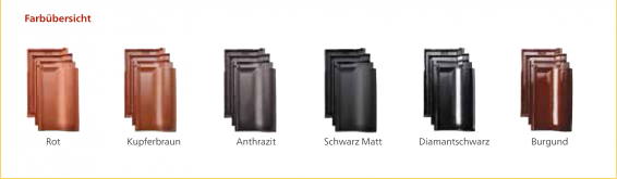 Farbübersicht: Rot - Kupferbraun - Anthrazit - Schwarz Matt - Diamantschwarz - Burgund